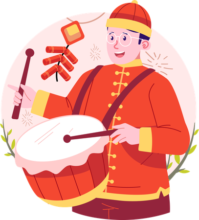 Hombre chino tocando el tambor chino  Ilustración