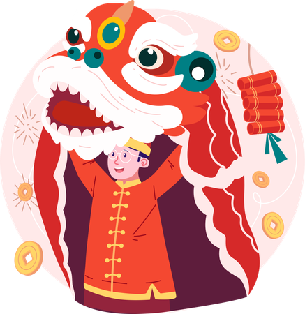 Hombre chino tocando la danza del león  Ilustración