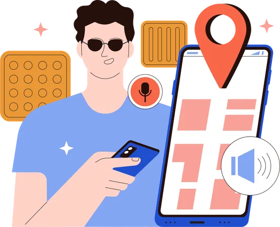 Un ciego encuentra su ubicación usando un mapa audible  Ilustración