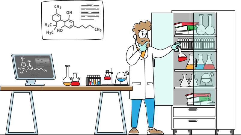 Hombre científico vestido con bata blanca realizando experimentos en el laboratorio de ciencias  Ilustración