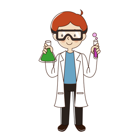 Hombre científico con gafas y vaso de químicos  Ilustración