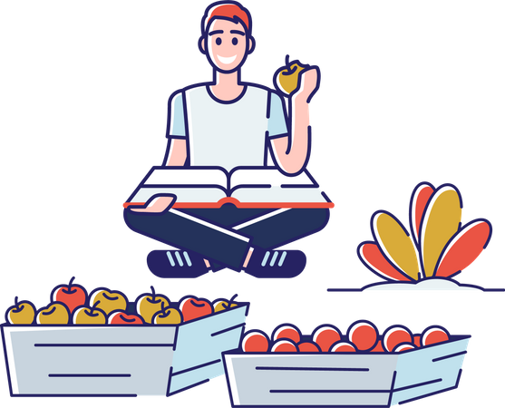 Hombre clasificando frutas según categorías  Ilustración