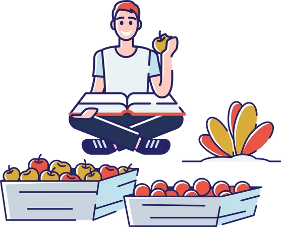 Hombre clasificando frutas según categorías  Ilustración