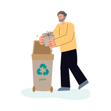 Hombre clasificando residuos de papel en un contenedor de basura  Ilustración
