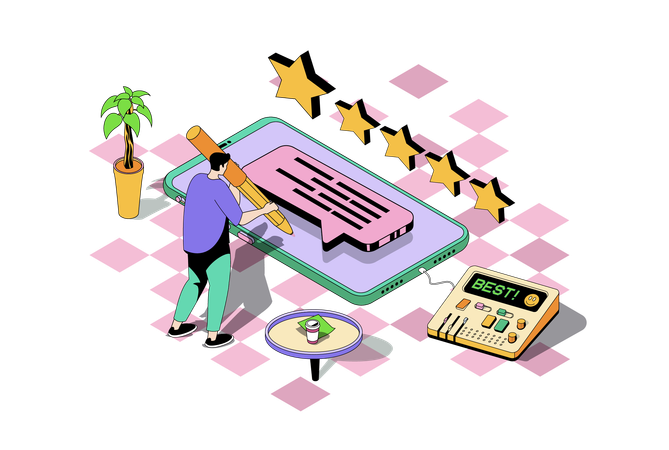 Cliente masculino que deja opiniones y comentarios,  Ilustración