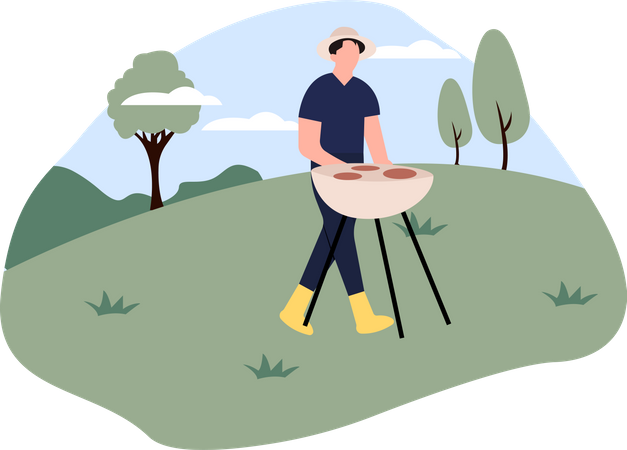 Hombre cocinando barbacoa en el bosque  Ilustración