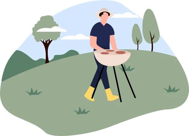 Hombre cocinando barbacoa en el bosque  Ilustración