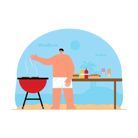 Hombre cocinando barbacoa en la playa  Ilustración