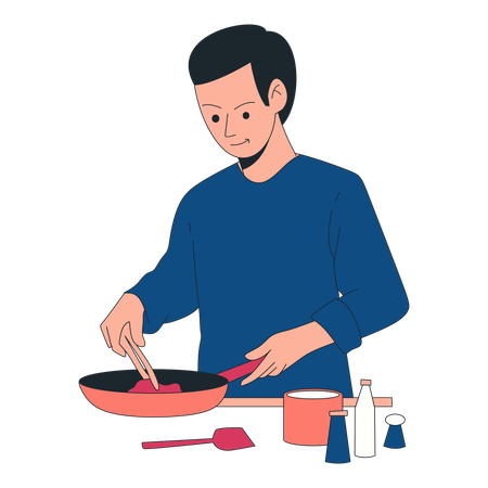 Hombre cocinando carne en la cocina  Ilustración