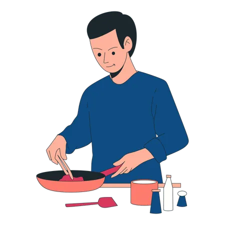 Hombre cocinando carne en la cocina  Ilustración