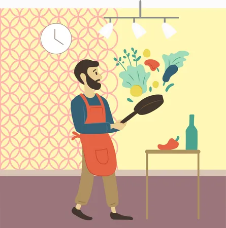 Hombre cocinando comida  Ilustración