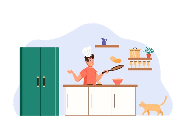 Hombre cocinando comida en la cocina.  Ilustración