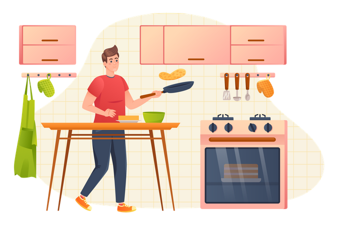 Hombre cocinando comida en la cocina.  Ilustración