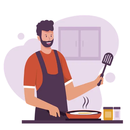 Hombre cocinando comida en la cocina  Ilustración