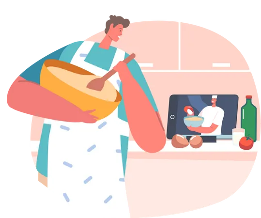 Hombre cocinando comida mientras aprende de un video tutorial en línea  Ilustración