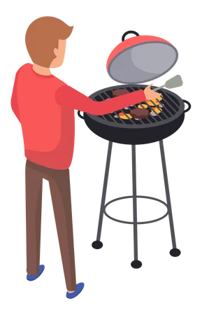 Hombre cocinando comida usando barbacoa  Ilustración