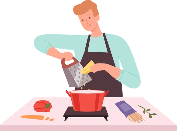 Hombre cocinando en la cocina  Ilustración