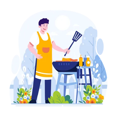 Hombre cocinando en el jardín  Ilustración