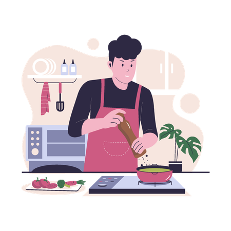 Hombre cocinando en la cocina  Ilustración