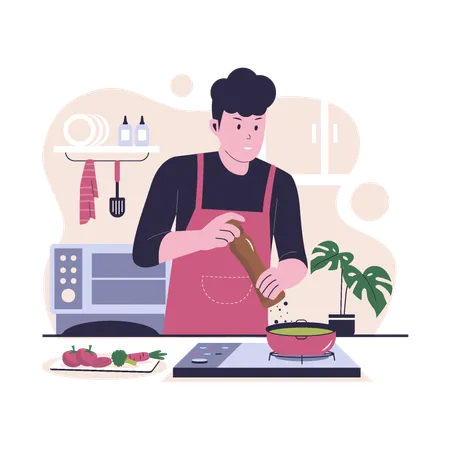 Hombre cocinando en la cocina  Ilustración