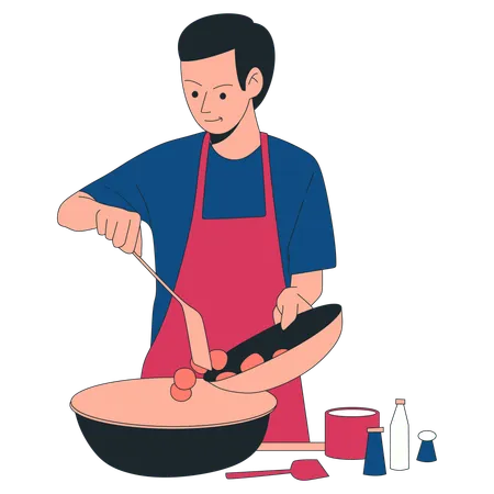 Hombre cocinando en la cocina  Ilustración