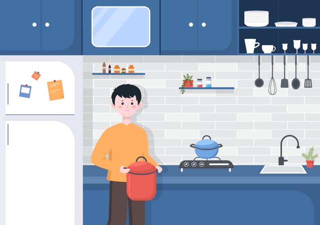 Hombre cocinando en la cocina  Ilustración