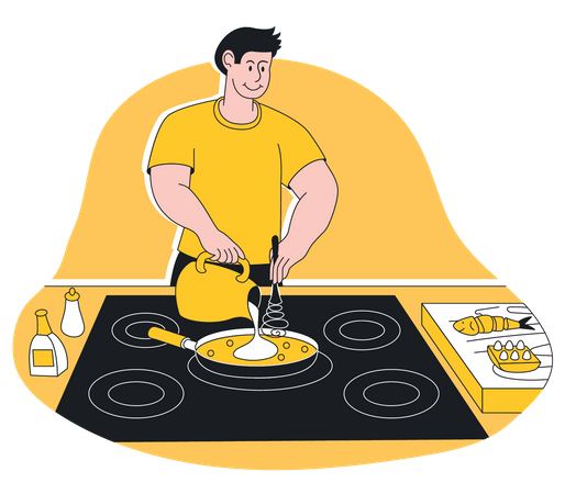 Hombre cocinando en la cocina  Ilustración