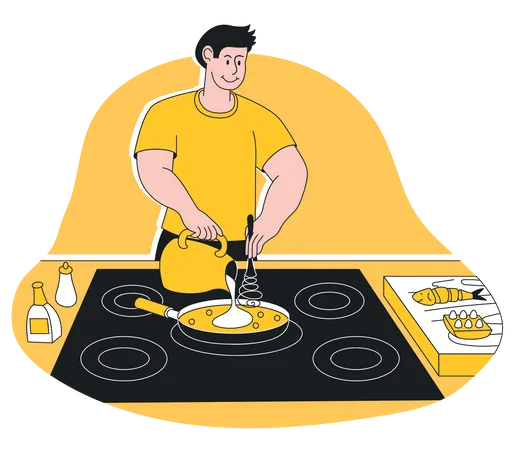 Hombre cocinando en la cocina  Ilustración