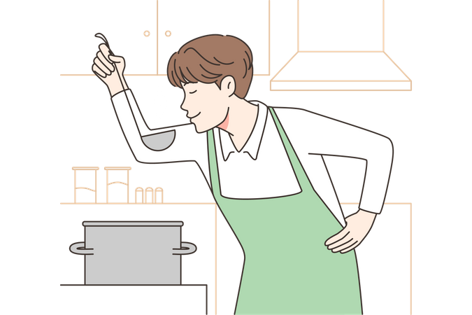 Hombre cocinando en la cocina  Ilustración