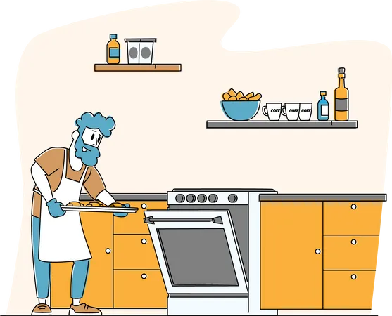 Hombre cocinando al horno  Ilustración