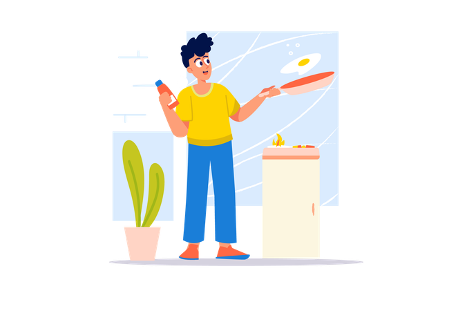 Hombre cocinando huevos en una cacerola  Ilustración