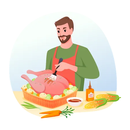 Hombre cocinando pollo  Ilustración