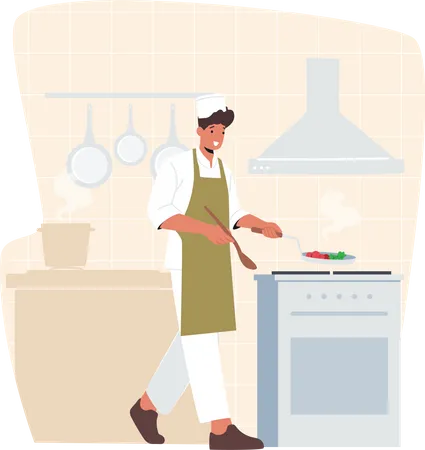 Cocinero masculino preparando comida en la cocina  Ilustración