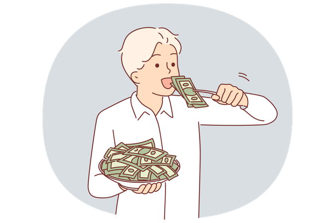 Hombre codicioso comiendo dinero de un plato y simbolizando la codicia y la ambición por la riqueza.  Ilustración