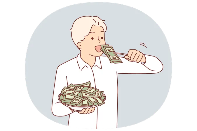 Hombre codicioso comiendo dinero de un plato y simbolizando la codicia y la ambición por la riqueza.  Ilustración