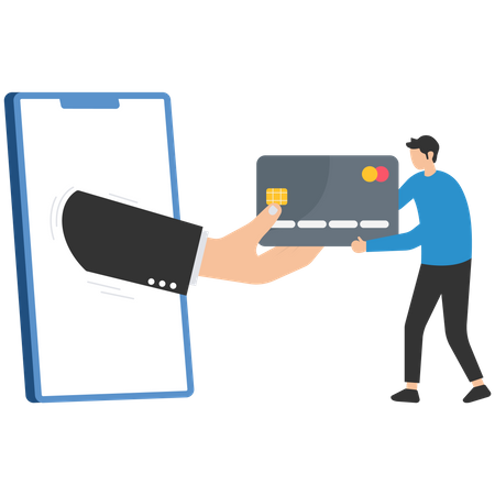 Hombre codicioso persiguiendo dinero fácil como cebo de ladrón llamada telefónica mintiendo por estafas de pago  Ilustración