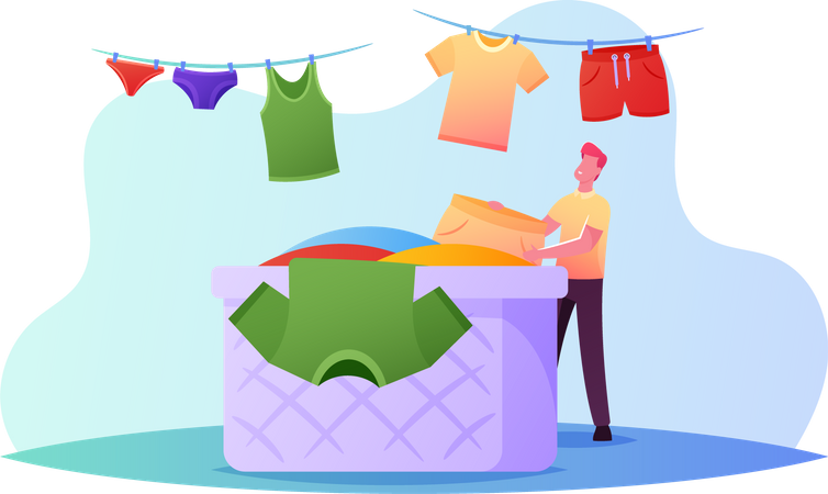 Hombre colgando ropa en cuerda para secar de la cesta  Ilustración