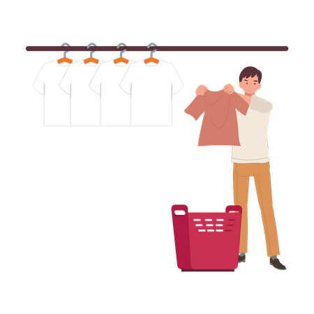 Hombre colgando ropa mojada para secar  Ilustración