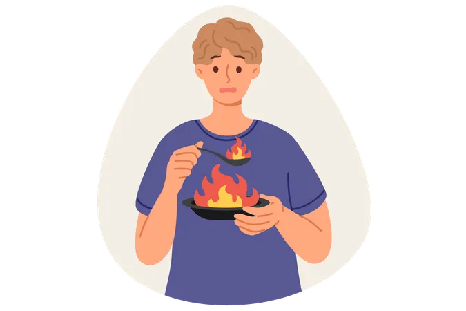 El hombre come comida muy picante, provocando sensación de ardor en la boca sosteniendo el plato y la cuchara con llama  Ilustración