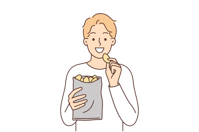 Un hombre come papas fritas y disfruta de un refrigerio crujiente rico en calorías que rápidamente satisface el hambre  Ilustración