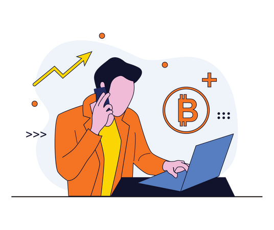 Hombre comerciando bitcoin en una computadora portátil  Ilustración