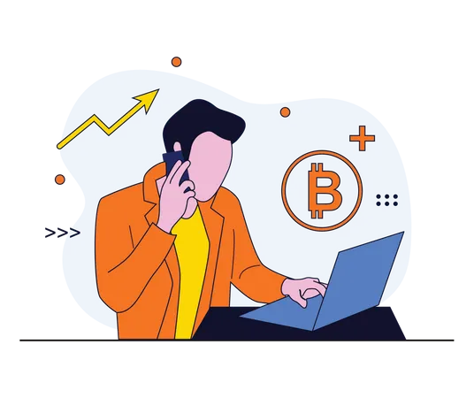 Hombre comerciando bitcoin en una computadora portátil  Ilustración