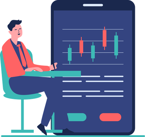 Hombre haciendo trading en una aplicación móvil  Ilustración