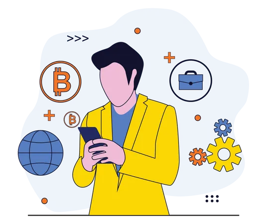 Hombre comerciando bitcoins  Ilustración