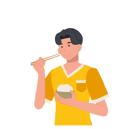 Hombre comiendo arroz con palillos  Ilustración