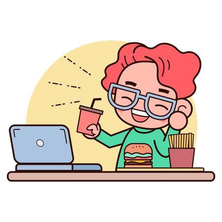 Hombre comiendo comida rápida trabajando en una computadora portátil  Ilustración