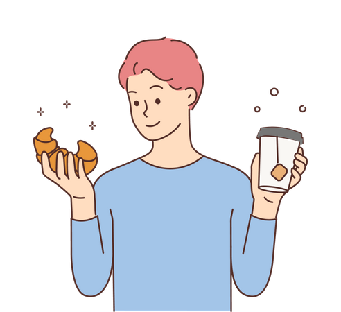 Hombre comiendo croissant y tomando café  Ilustración