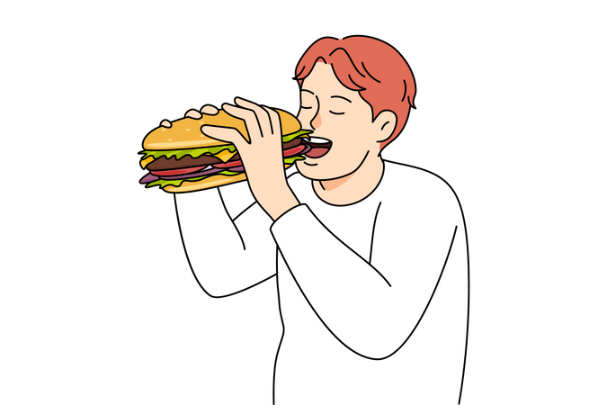 Hombre comiendo hamburguesa enorme  Ilustración