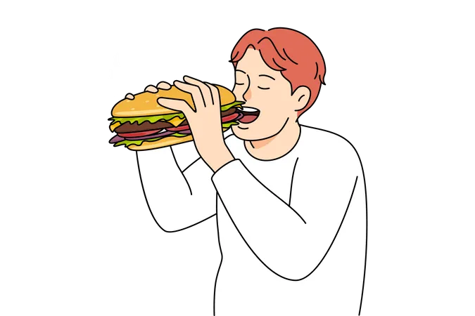 Hombre comiendo hamburguesa enorme  Ilustración