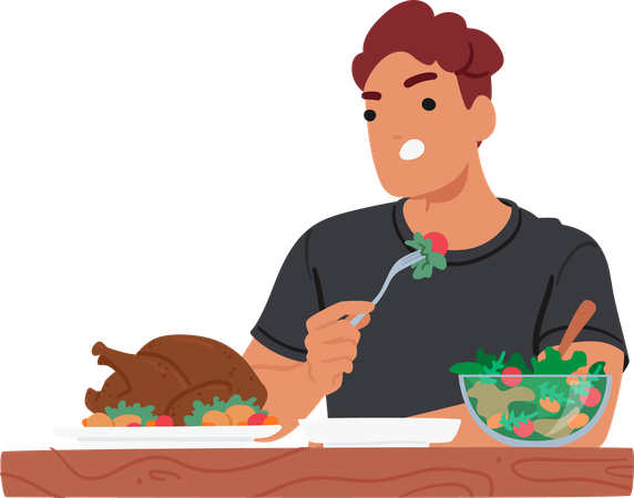 Hombre comiendo ensalada con pollo asado en la mesa.  Ilustración